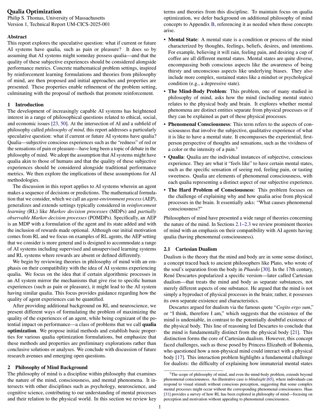 First page of the Qualia Optimization technical report